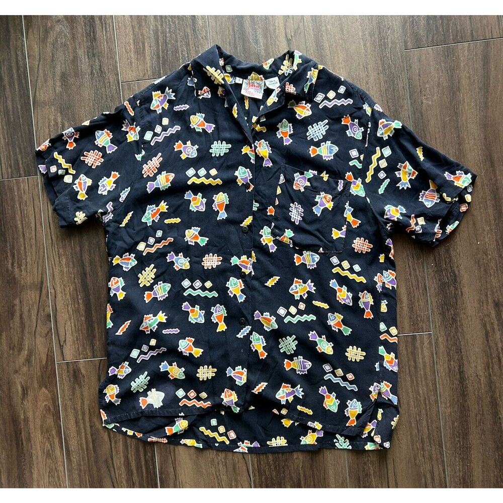 Men’s Java Wraps Dark Navy Fish 80s Print Dark Navy Button Up Shirt Rayon S